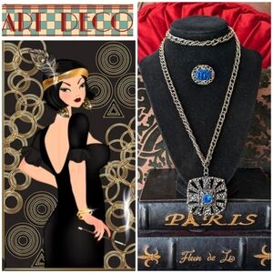 1920s💯CZECH GLASS SILVER/PEWTER ART DECO REPASSE NECKLACE WITH BROOCH